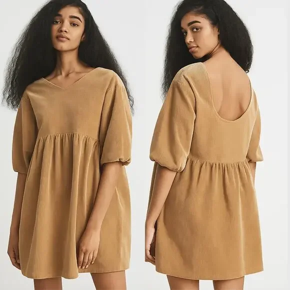 Everlane The Corduroy 3/4 Sleeve Mini Dress Camel Tan XS - Picture 2 of 10